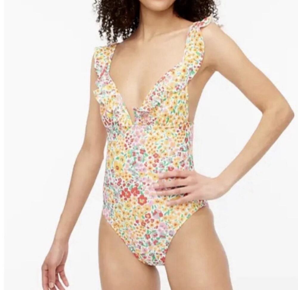 J.Crew Floral Ruffle-Shoulder V-Neck One-Piece Swimsuit Medium